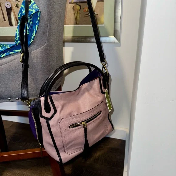 New Oryany Pink, Black, and Purple purse Leather crossbody or shoulder roomy - Picture 3 of 10